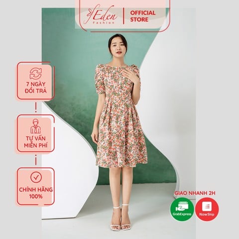  Đầm xòe họa tiết hoa tay lỡ thời trang Eden - D478 